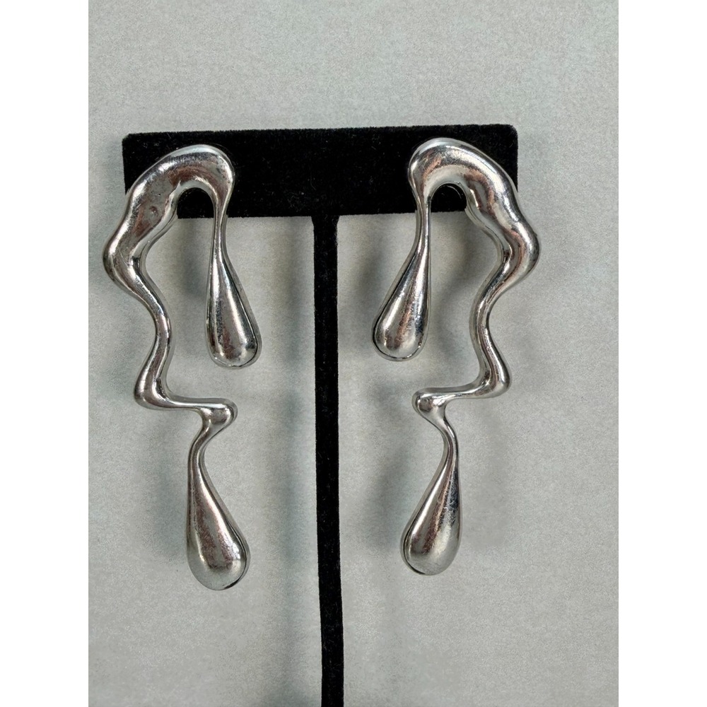 Modernist Silver Tone Face Profile Drop Earrings Abstract Surrealist Statement